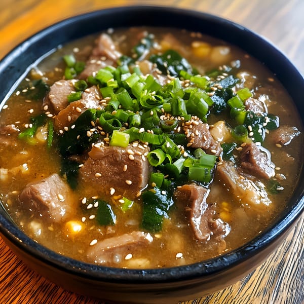 Close-up of a Korean beef stew with green onions, seaweed, and sesame seeds in a black bowl.