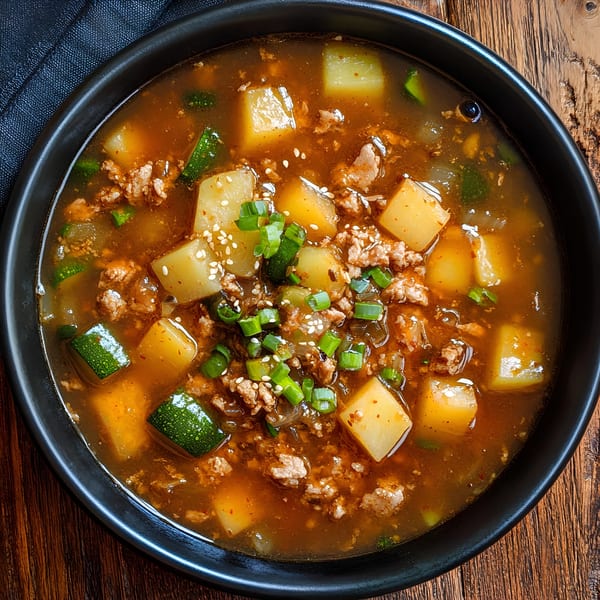 A close-up of Macheko's Korean stew with potatoes, zucchini, ground meat, and green onions.