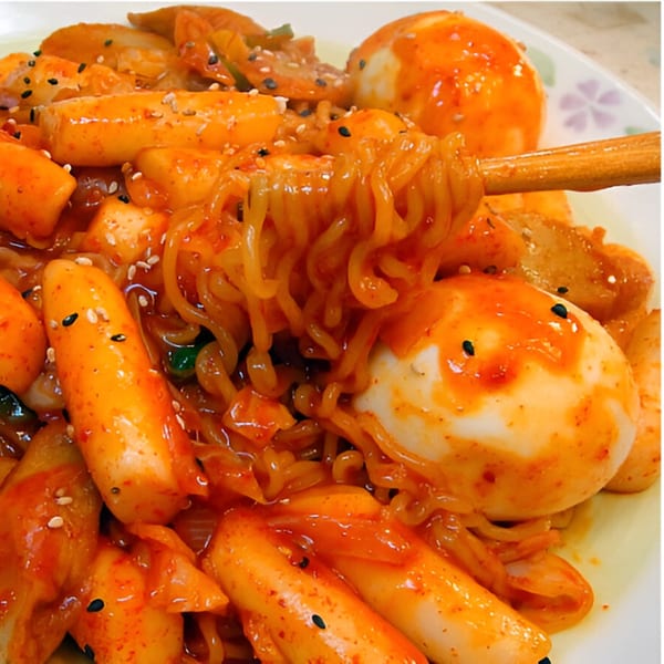 Chopsticks lifting ramen noodles from a plate of Macheko's spicy tteokbokki with boiled eggs.